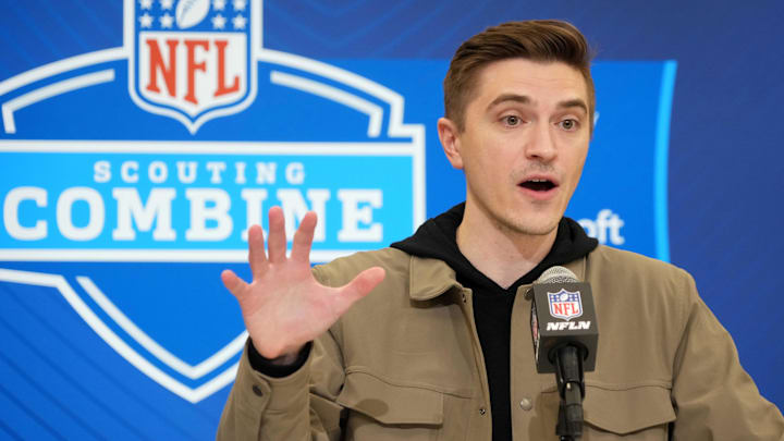 Feb 25, 2025; Indianapolis, IN, USA; Jacksonville Jaguars general manger James Gladstone speaks during the NFL Scouting Combine at the Indiana Convention Center. Mandatory Credit: Kirby Lee-Imagn Images