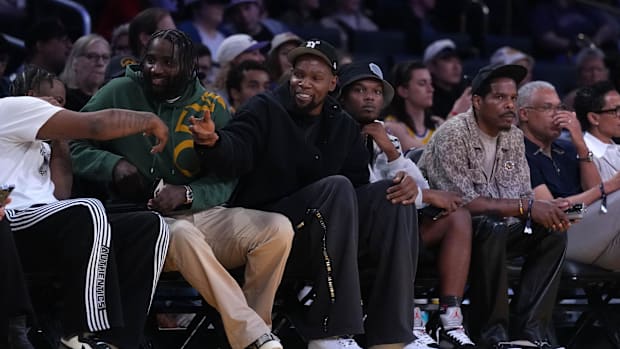 Kevin Durant attends the game between the Golden State Valkyries and the Sparks of Crypto.com Arena
