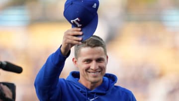 Jun 11, 2024; Los Angeles, California, USA; Texas Rangers infielder Corey Seager is recognized before the game against the Los Angeles Dodgers at Dodger Stadium. Mandatory Credit: Kirby Lee-USA TODAY Sports