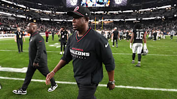 Dec 16, 2024; Paradise, Nevada, USA; Atlanta Falcons coach Raheem Morris leaves the field after the game against the Las Vegas Raiders at Allegiant Stadium. Mandatory Credit: Kirby Lee-Imagn Images