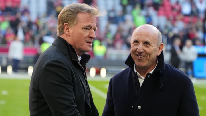 Nov 13, 2022; Munich, Germany; NFL commissioner Roger Goodell (left) shakes hands with Tampa Bay Buccaneers owner Jole Glazer during an NFL International Series game at Allianz Arena. Mandatory Credit: Kirby Lee-USA TODAY Sports