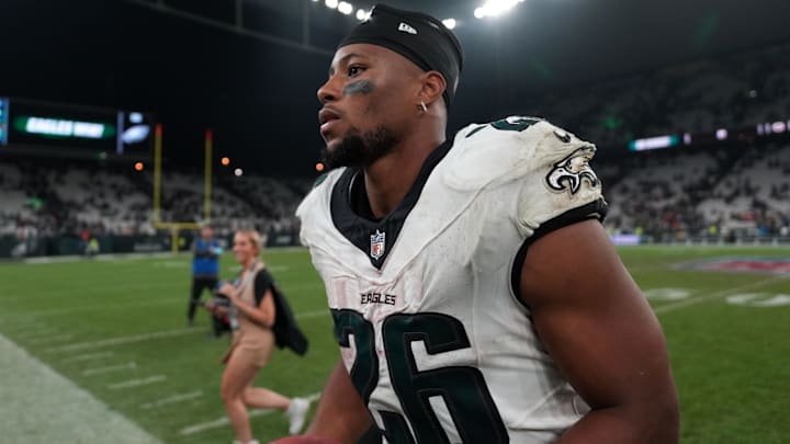 Sep 6, 2024; Sao Paulo, Brazil; Philadelphia Eagles running back Saquon Barkley (26) leaves the field after the 2024 NFL Sao Paolo Game against the Green Bay Packers at Neo Quimica Arena. Mandatory Credit: Kirby Lee-Imagn Images