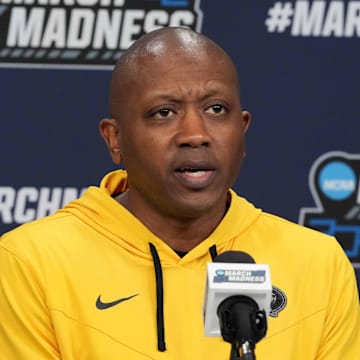 Mar 19, 2025; Wichita, KS, USA; Missouri Tigers head coach Dennis Gates at press conference at Intrust Bank Arena. Mandatory Credit: Kirby Lee-Imagn Images