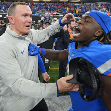 Dec 2, 2023; Las Vegas, NV, USA; Boise State Broncos head coach Spencer Danielson celebrates with running back Ashton Jeanty (2) after 44-20 victory over the UNLV Rebels in the Mountain West Championship at Allegiant Stadium. Mandatory Credit: Kirby Lee-Imagn Images