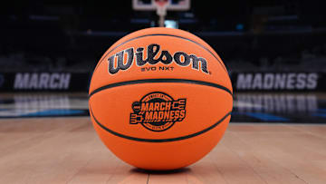 Mar 27, 2024; Los Angeles, CA, USA; A Wilson official Evo NXT game basketball with March Madness and Elite 8 and Sweet logo at Crypto.com Arena. Mandatory Credit: Kirby Lee-Imagn Images
