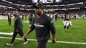 Dec 16, 2024; Paradise, Nevada, USA; Atlanta Falcons coach Raheem Morris leaves the field after the game against the Las Vegas Raiders at Allegiant Stadium. Mandatory Credit: Kirby Lee-Imagn Images