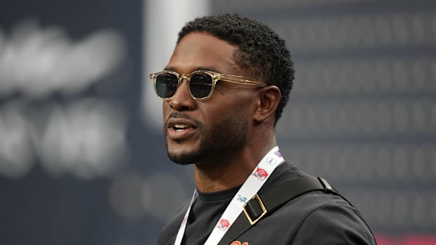 Southern California Trojans former running back Reggie Bush attends the game against the LSU Tigers at Allegiant Stadium.