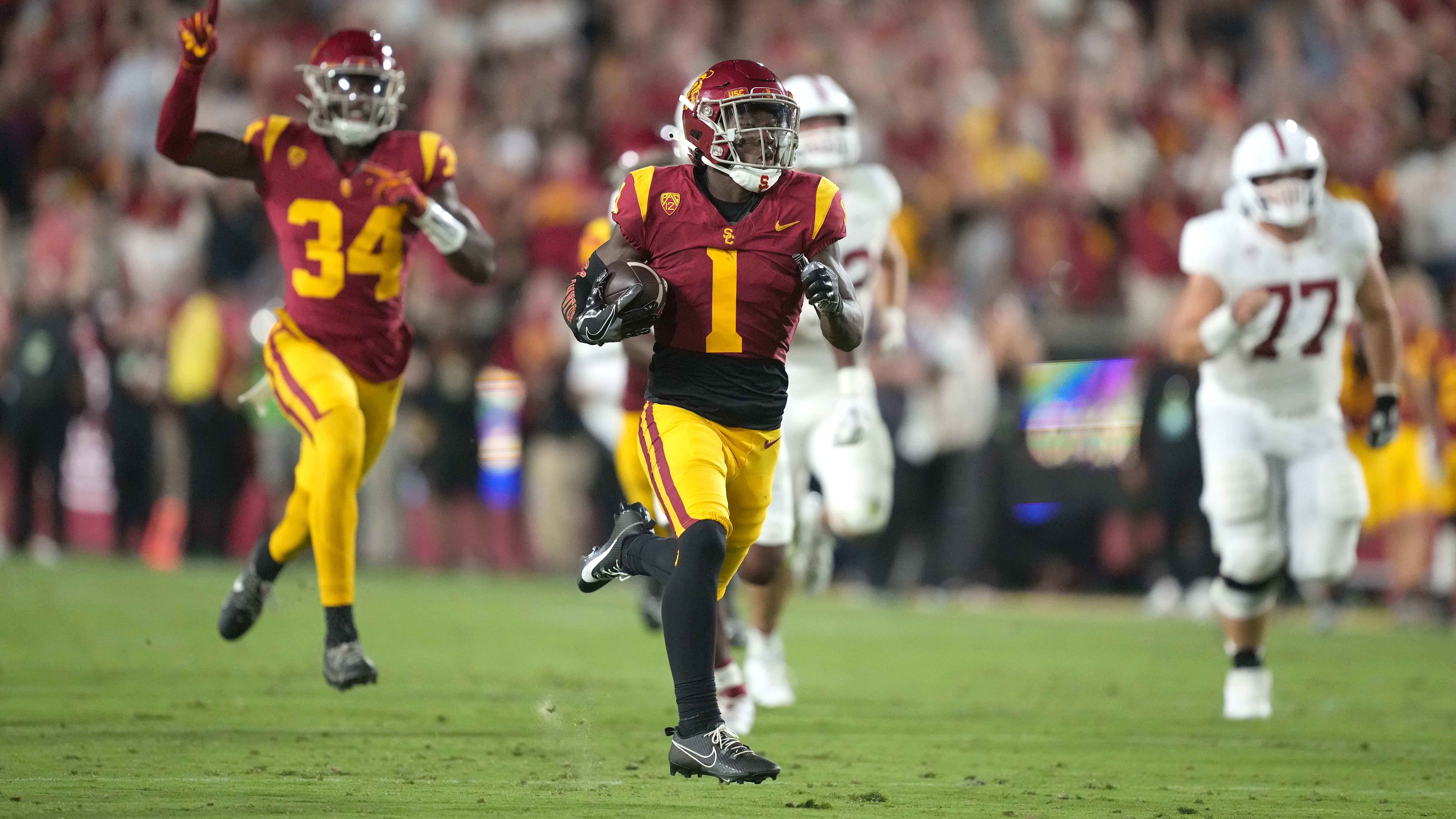 Sep 9, 2023; Los Angeles:  USC's Zachariah Branch scores on a 50-yard punt return in the first half against Stanford.