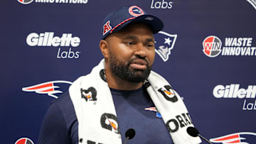 Oct 18, 2024; London, United Kingdom; New England Patriots coach Jerod Mayo at press conference at the Harrow School. Mandatory Credit: Kirby Lee-Imagn Images