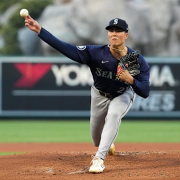 Seattle Mariners starting pitcher Bryan Woo throws during a game against the Los Angeles Angels on Aug. 31 at Angel Stadium.