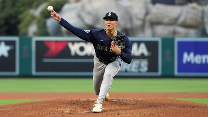 Seattle Mariners starting pitcher Bryan Woo throws during a game against the Los Angeles Angels on Aug. 31 at Angel Stadium.