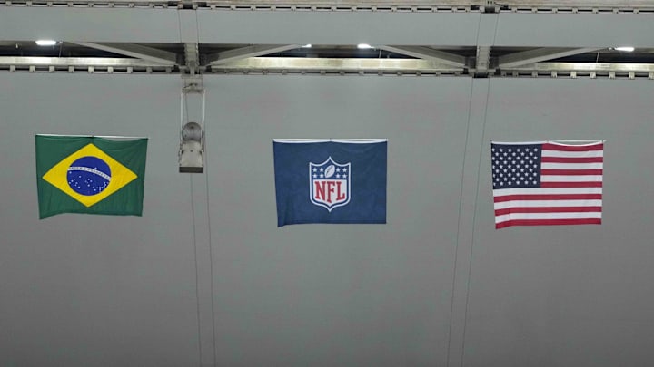 Sep 6, 2024; Sao Paulo, Brazil; Brazil, NFL shield and United States flags at the 2024 NFL Sao Paolo Game at Neo Quimica Arena. Mandatory Credit: Kirby Lee-Imagn Images