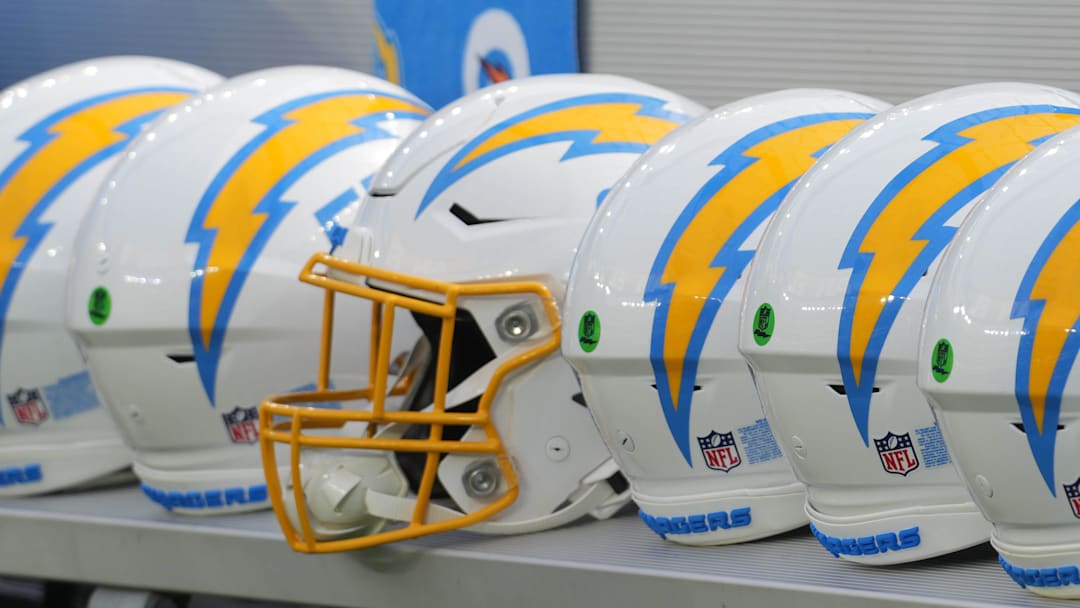 Aug 12, 2023; Inglewood, California, USA; Los Angeles Chargers helmets on the bench at SoFi Stadium.