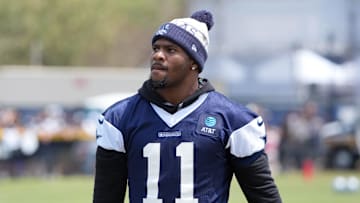 Jul 26, 2025; Oxnard, CA, USA; Dallas Cowboys defensive end Micah Parsons (11) at training camp at the River Ridge Fields. 