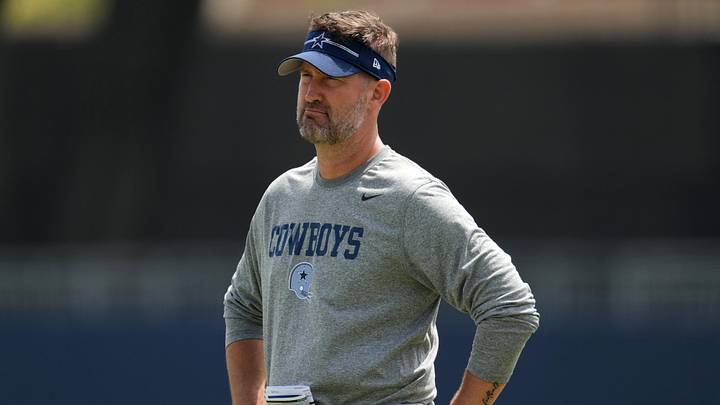 Jul 29, 2023; Oxnard, CA, USA; Dallas Cowboys offensive coordinator Brian Schottenheimer during training camp at the River Ridge Fields. Mandatory Credit: Kirby Lee-Imagn Images