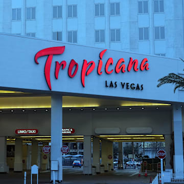 Feb 7, 2024; Las Vegas, NV, USA; The Tropicana hotel and casino on the strip.  Mandatory Credit: Kirby Lee-Imagn Images