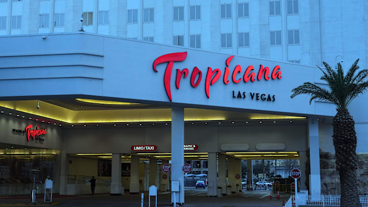 Feb 7, 2024; Las Vegas, NV, USA; The Tropicana hotel and casino on the strip.  Mandatory Credit: Kirby Lee-Imagn Images