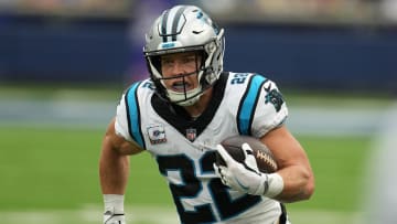 Oct 16, 2022; Inglewood, California, USA; Carolina Panthers running back Christian McCaffrey (22) carries the ball against the Los Angeles Rams in the first half at SoFi Stadium.