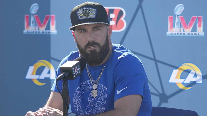 Feb 11, 2022; Thousand Oaks, CA, USA; Los Angeles Rams safety Eric Weddle during press conference at Cal Lutheran University. Mandatory Credit: Kirby Lee-Imagn Images