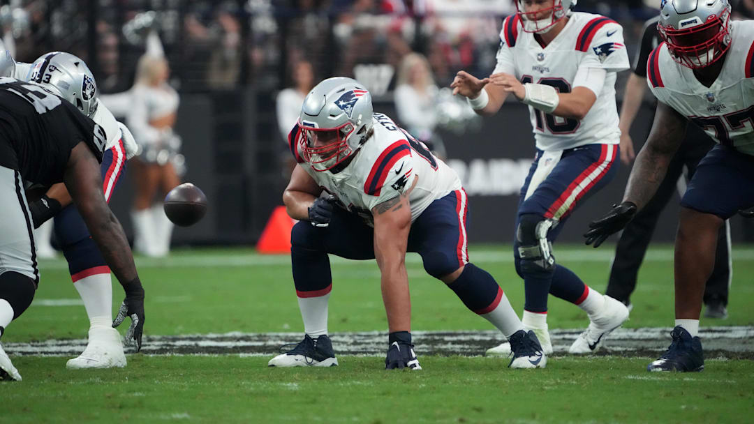 Aug 26, 2022; Paradise, Nevada, USA; New England Patriots guard Cole Strange (69) in the first half against the Las Vegas Raiders at Allegiant Stadium. Mandatory Credit: Kirby Lee-Imagn Images