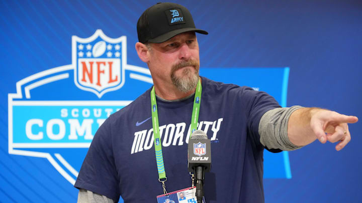 Detroit Lions coach Dan Campbell speaks during the NFL Scouting Combine at the Indiana Convention Center.