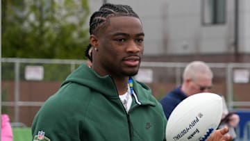 Apr 23, 2025; Green Bay, WI, USA; Alabama Crimson Tide quarterback Jalen Milroe during the NFL Draft prospect clinic with Special Olympics at Draft Experience Field at Titletown. Mandatory Credit: Kirby Lee-Imagn Images
