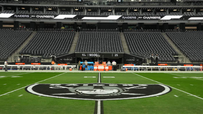 Dec 4, 2022; Paradise, Nevada, USA; The Las Vegas Raiders shield logo at midfield at Allegiant