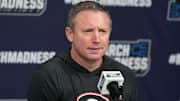 Mar 19, 2025; Wichita, KS, USA; Georgia Bulldogs coach Mike White at press conference at Intrust Bank Arena. Mandatory Credit: Kirby Lee-Imagn Images