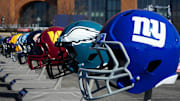 Feb 28, 2024; Indianapolis, IN, USA; A general view of large New York Giants and Philadelphia Eagles helmets at the NFL Scouting Combine Experience at Lucas Oil Stadium. Mandatory Credit: Kirby Lee-Imagn Images