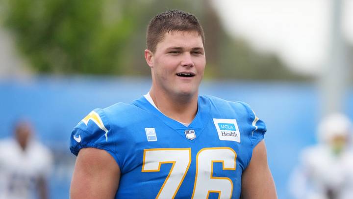 Jul 21, 2025; El Segundo, CA, USA; Los Angeles Chargers tackle Joe Alt (76) at training camp at The Bolt. Mandatory Credit: Kirby Lee-Imagn Images