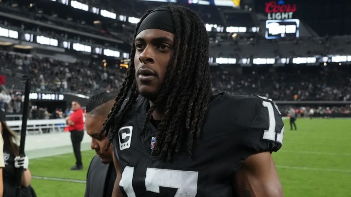 Oct 9, 2023; Paradise, Nevada, USA; Las Vegas Raiders wide receiver Davante Adams (17) walks off the field after the game against the Green Bay Packers at Allegiant Stadium. Mandatory Credit: Kirby Lee-USA TODAY Sports