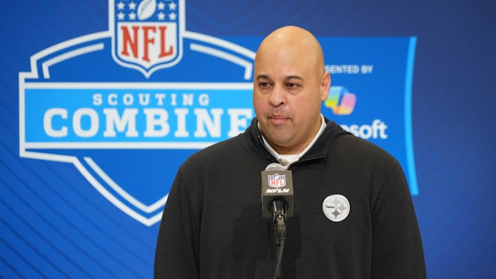 Pittsburgh Steelers general manager Omar Khan speaks at the NFL scouting combine.