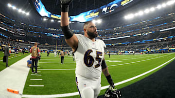 Nov 25, 2024; Inglewood, California, USA; Baltimore Ravens guard Patrick Mekari (65) leaves the field after the game against the Los Angeles Chargers at SoFi Stadium. 