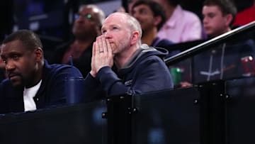 Apr 8, 2025; Inglewood, California, USA; LA Clippers president of baskerball operations Lawrence Frank watches in the first half against the San Antonio Spurs at Intuit Dome. Mandatory Credit: Kirby Lee-Imagn Images