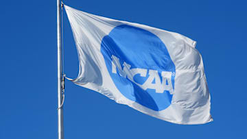 Jun 11, 2025; Eugene, OR, USA;A NCAA logo flag at the NCAA Track and Field Championships at Hayward Field. Mandatory Credit: Kirby Lee-Imagn Images