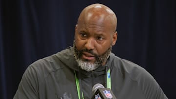 Feb 25, 2025; Indianapolis, IN, USA; Detroit Lions general manager Brad Holmes speaks during the NFL Scouting Combine at the Indiana Convention Center. Mandatory Credit: Kirby Lee-Imagn Images