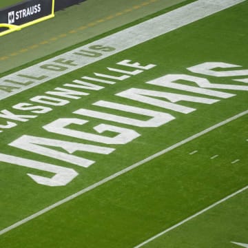 Oct 1, 2023; London, United Kingdom;The Jacksonville Jaguars logo in the end zone during an NFL International Series game at Wembley Stadium. Mandatory Credit: Kirby Lee-USA TODAY Sports