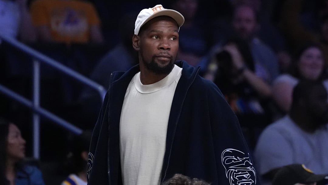 Houston Rockets forward Kevin Durant attends a WNBA game between the Atlanta Dream and LA Sparks at Crypto.com Arena.