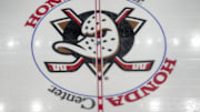Apr 13, 2025; Anaheim, California, USA; The Anaheim Ducks logo at center ice at Honda Center. Mandatory Credit: Kirby Lee-Imagn Images