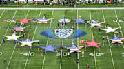 Dec 1, 2023; Las Vegas, NV, USA; The Pac-12 Conference logo at midfield during the playing of the national anthem of the Pac-12 Championshp game at Allegiant Stadium. Mandatory Credit: Kirby Lee-Imagn Images