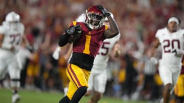 Sep 9, 2023; Los Angeles, California, USA; Southern California Trojans wide receiver Zachariah Branch (1) scores on a 50-yard punt return in the first half at United Airlines Field at Los Angeles Memorial Coliseum. Mandatory Credit: Kirby Lee-USA TODAY Sports