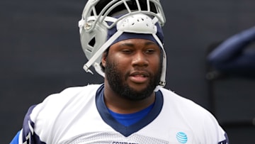 Dallas Cowboys tackle Nate Thomas (71) during training camp at the River Ridge Fields.