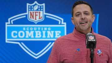 Feb 27, 2025; Indianapolis, IN, USA; New England Patriots general manager Eliot Wolf speaks during the 2025 NFL Scouting Combine at the Indiana Convention Center. Mandatory Credit: Kirby Lee-Imagn Images