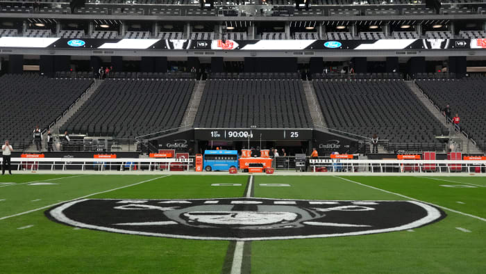 Jan 7, 2023; Paradise, Nevada, USA; The Las Vegas Raiders shield logo at midfield at Allegiant Stadium.