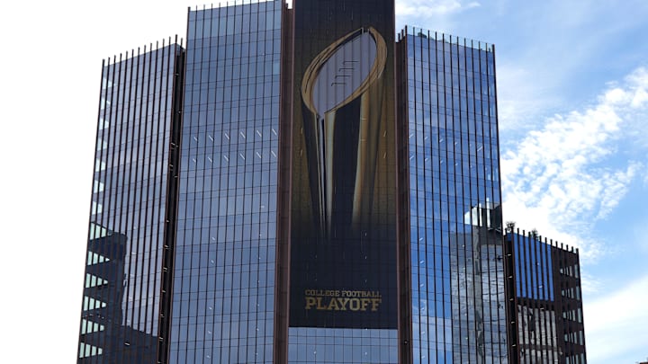 Jan 7, 2024; Houston, TX, USA; The College Football Playoff logo on a building in downtown. Mandatory Credit: Kirby Lee-Imagn Images