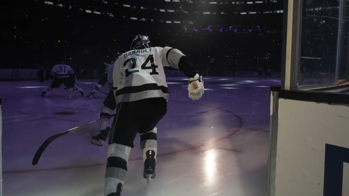 Apr 13, 2024; Los Angeles, California, USA; LA Kings center Phillip Danault (24) enters the ice in the first period against the Anaheim Ducks at Crypto.com Arena. Mandatory Credit: Kirby Lee-USA TODAY Sports