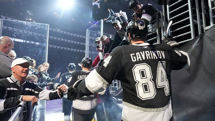 Apr 21, 2025; Los Angeles, California, USA; LA Kings defenseman Vladislav Gavrikov (84) enters the ice against the Edmonton Oilers during game one of the first round of the 2025 Stanley Cup Playoffs at Crypto.com Arena. Mandatory Credit: Kirby Lee-Imagn Images