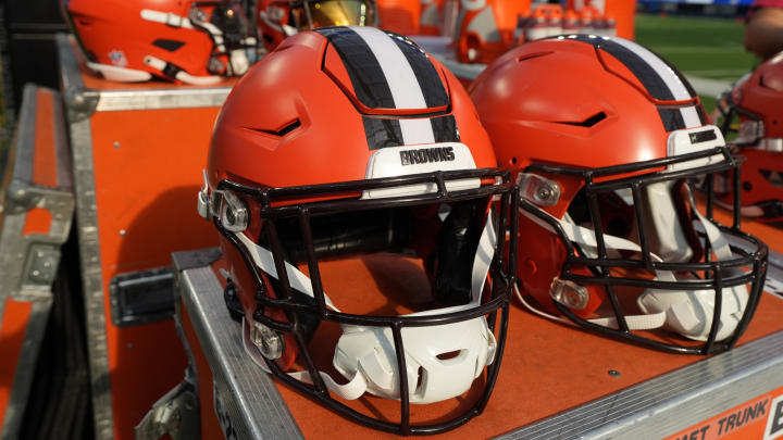 Dec 3, 2023; Inglewood, California, USA; Riddell speedflex Cleveland Browns helmets on the sidelines at SoFi Stadium.