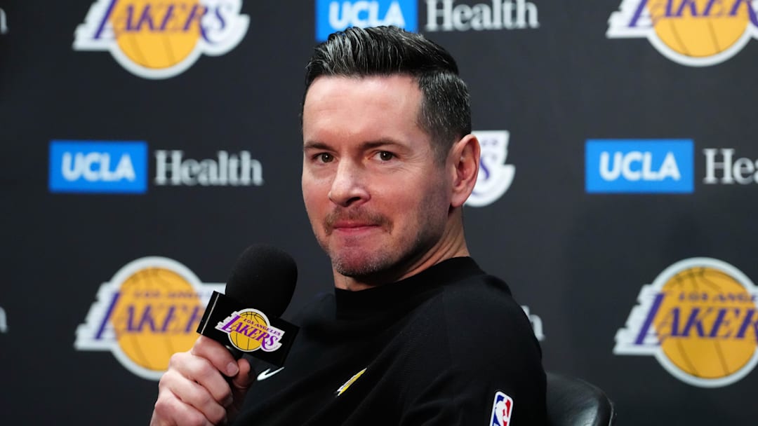 Mar 17, 2025; Los Angeles, California, USA; Los Angeles Lakers coach JJ Redick at press conference at the Crypto.com Arena.