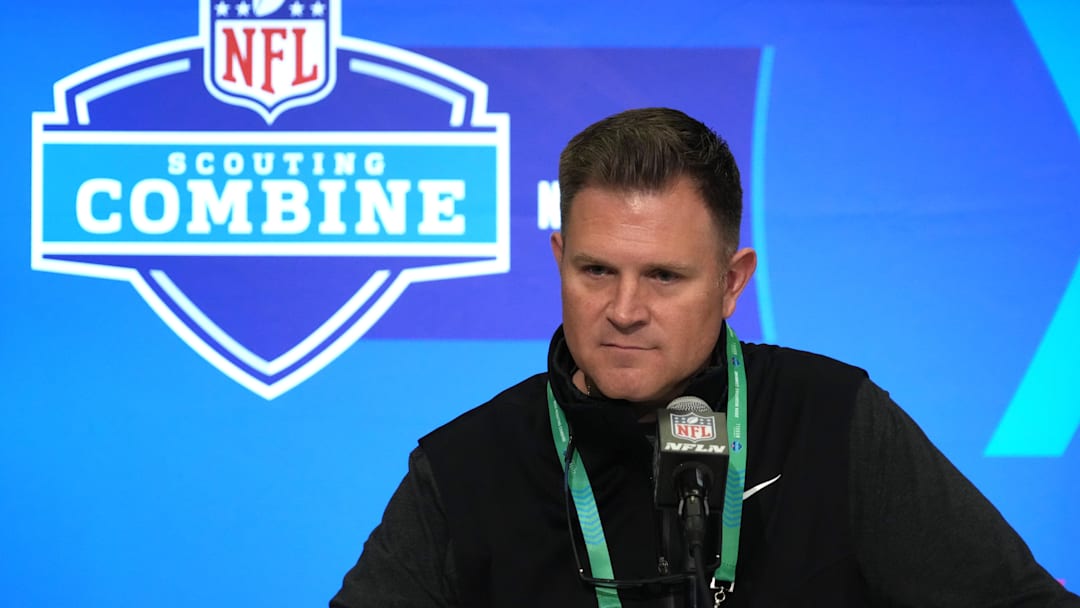Feb 27, 2024; Indianapolis, IN, USA; Green Bay Packers general manager Brian Gutekunst during the NFL Scouting Combine at Indiana Convention Center. Mandatory Credit: Kirby Lee-Imagn Images